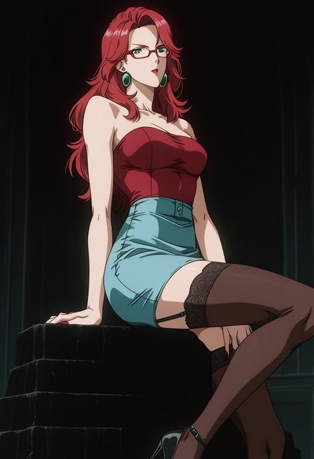 dark_art_style, anime screencap, anime coloring, solo female,  G0083NP, red hair, long hair, lipstick, green eyes, earrings, red glasses, tube top, pencil skirt, blue skirt, high heels, stockings,