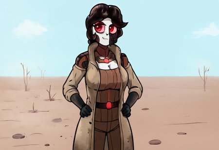 score_9, score_8_up, score_7_up, score_6_up, BREAK, solo, 1girl, robot, aria, red eyes, black hair, large breasts, pale skin, white skin, d3sertranger, outdoors, desert, wasteland, scenery, sunlight, day, black gloves , trench coat, breastplate, absurdres, looking at viewer, cute, attractive, eye contact, standing, smirk, cartoon style, vibrant, highly detailed, hands on hips