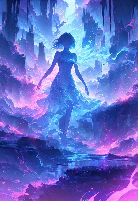 serene night, beautiful sky, dancing silhouette, Complex landscape, best quality, pastel colors, light blue tint, aesthetic Ethereal, Effulgent, Idyllic atmosphere,  Tranquil,  ethereal quality, cinematic volume, Twinkling lighting, glowing aura, global illumination,  glowneon, Anisotropic Filtering, Unrivaled Opus, Unconventional, hyper detailed, HDR,