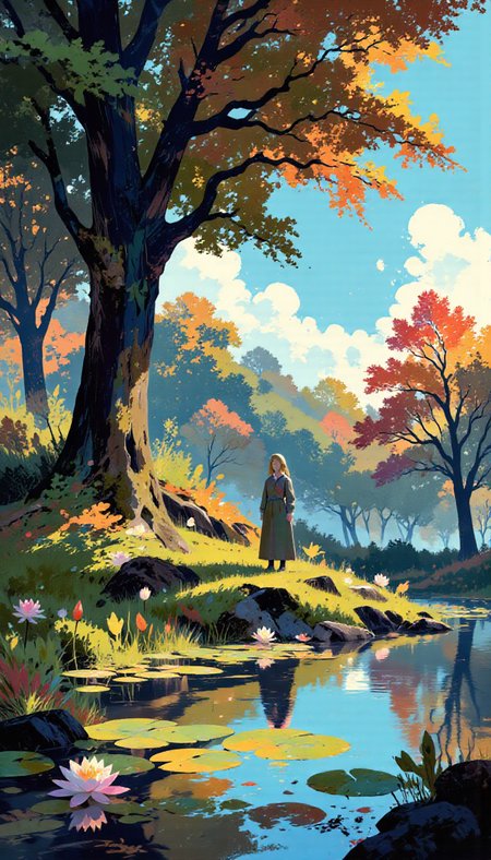 pscho_4rt,mythp0rt,very wide angle, put subject further away, small subject, A serene, colorful digital illustration from a bird's eye view about a tranquil forest scene with a serene pond surrounded by vibrant foliage and colorful flowers. the image features a vibrant, ethereal atmosphere with a soft, glowing light filtering through the trees, creating a magical ambiance. on the left side of the image, a large tree with its branches reaching up towards the sky, is surrounded by lush, green foliage with a variety of colors, including shades of green, orange, and pink. the water in the pond is still and reflects the surrounding foliage, with lily pads floating on the surface. in the foreground, a single pink lotus flower blooms, adding a touch of beauty and serenity to the scene. the background features a clear blue sky with fluffy white clouds, adding to the peaceful and tranquil atmosphere. the scene is bathed in soft, golden light, giving it a dreamy and ethereal quality.  autumn, flower, outdoors, sky, day, cloud, water, blue sky, tree, leaf, pink flower, lily pad, nature, sunlight, pond, autumn leaves, nature background  camera_angle: from the side, art_style: digital illustration, location: forest, background: A serene forest with trees, water lilies, and colorful foliage, text: NA, distance_to_camera: full body;full body, clothing: NA;NA, image_composition: center;middle;bottom, pants: NA ;NA, accessory: none;none, shoes: n/a;no, action: tranquil scene;embracing the serene atmosphere, facing_direction: facing viewer;facing viewer, facial_expression: serene;happy;happy, ear: NA\NA, eye_color: blue;white, gender: no human;no human, hair_color;color: green;orange, hairstyle: NA: NA.