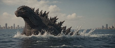score_9, score_8_up, score_7_up, solo, portrait, from side, 1man, giant dinosaur reptilian monster Godzilla, spines, feral, realistic scales, detailed scale texture, solo, outdoors, out of the ocean, partially submerged, wading through the water, miniature city, building miniatures in the background, solo, full body, solo, extremely detailed, Macro detailed realism style photograph, 3DMM