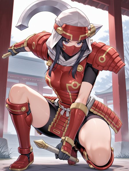 legendary six samurai - mizuho,solo,dual wielding,holding axe,on one knee,east asian architecture,axe,1girl,red armored gloves,red armored knee boots,red armored skirt,red breastplate,red shoulder armor,white shirt,covered mouth,red mouth mask,purple eyes,white hood,
masterpiece,best quality,amazing quality,very aesthetic,absurdres,newest,<lora:Legendary Six Samurai - Mizuho illuXL v1:0.75>,