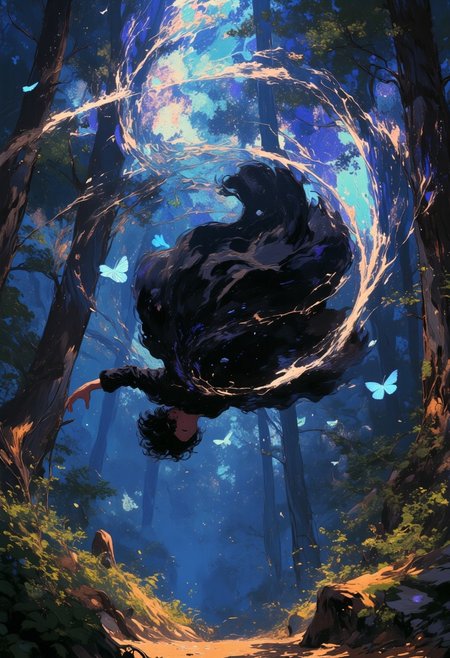 A nimble rogue spins through the air, captured in a mid-motion backflip, their cloak fanning out like a shadowed wave behind them. Their arms extend dynamically, one hand gripping a glinting dagger, the other reaching forward, fingers just brushing the delicate wings of a glowing butterfly suspended in mid-flight.
The rogue’s body arcs gracefully against a backdrop of a dusky forest, where beams of ethereal light filter through the dense canopy, highlighting the motion in vivid detail. The soft trail of the butterfly’s luminescent flight path weaves a serpentine glow through the scene, contrasting with the rogue’s sharp, swift movements. Leaves and petals swirl upward in the air around them, stirred by the force of their momentum, emphasizing their agility and the kinetic energy of the pose.