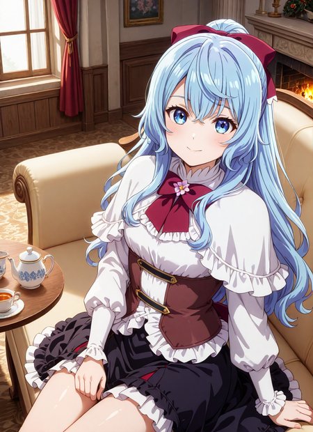 source_anime BREAK prefect lighting,very aesthetic,prefect hands,best quality,
intricate details,highly detailed background,(masterpiece:0.9),high quality,lustrous_skin,skindentation,(zPDXL3),
ultra delicate hair,
face_detail,
skin_detail,<lora:cfg_scale_boost>,
lustrous_skin,skindentation,
shiny skin,
<lora:seirei_gensouki_-_liselotte_cretia_il:0.7>,liselotte_cretia,long_hair,hair_between_eyes,blue_hair,ponytail,purple_bow,hair_bow,blue_eyes,
white_shirt,long_sleeves,white_dress,frills,black_skirt,red_bowtie,white_capelet,frilled_capelet,
masterpiece,best quality,ultra-detailed,Best-A,Medium-B,Low-C,Bad-D,cute,light_blush,dynamic_angle,
looking at viewer,small breasts,blush,bedroom,indoor,window_,curtains,fireplace,table,smile,sitting,couch,
teapot,tea cup,black tea,