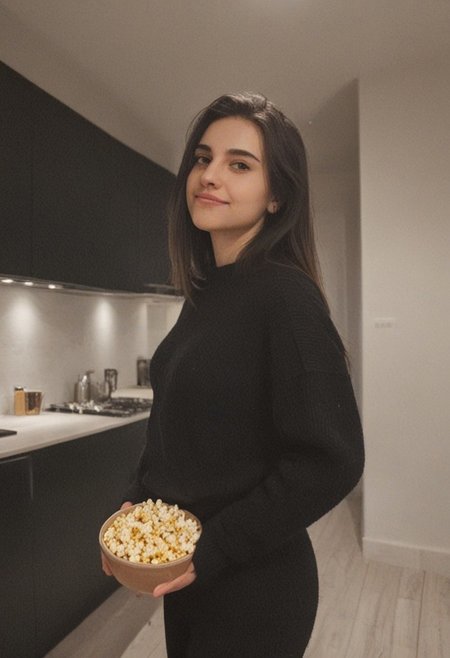 30yo woman wearing black sweater with white textures holding a bowl of popcorn
long black dark hair slick back and smooth. Kissface. 
smile. Looking at camera. POV
Kitchen. Fully furnished.
Night time.