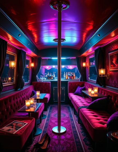 The interior of an old RV transformed into a mysterious, shady lounge with a moody and dimly lit atmosphere. The space is filled with deep red and purple lighting, creating a sultry neon glow. In the center stands a chrome pole mounted to the ceiling and floor, surrounded by plush velvet seats and low tables with half-empty glasses and flickering candles. The walls are lined with heavy curtains and faded wallpaper, giving a vintage and secretive vibe. A small bar area in the back holds various bottles and glasses, with a mirror backsplash reflecting the dim lights. The floor is covered in worn carpets and scattered with high heels, scarves, and old magazines. Subtle details hint at an underground lifestyle, without showing anything explicit. The overall ambiance is smoky, intimate, and cinematic. Highly detailed, noir-inspired, low-key lighting, retro-modern fusion style.
<lora:SDXLFaeTastic2400:0.4> <lora:extremely_detailed:0.4> extremely detailed<lora:4dult_rv:1>,4dult rv, Masterpiece,best quality,hi res,8k,hi res,8k,award winning,(sharp focus, intricate, highly detailed),