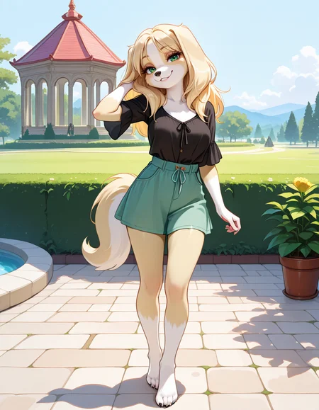 masterpiece, best quality, very aesthetic, absurdres,
outdoors, casual, 
full body, seductive smile, parted lips, long eyelashes,
<lora:Kelsey_v01_NAIXL:1>
Ke1s3y,1girl,solo,furry,furry female, dog girl, long hair, blonde hair, dog ears, green eyes, snout, animal nose, body fur, two-tone fur, yellow fur, white fur, dog tail,