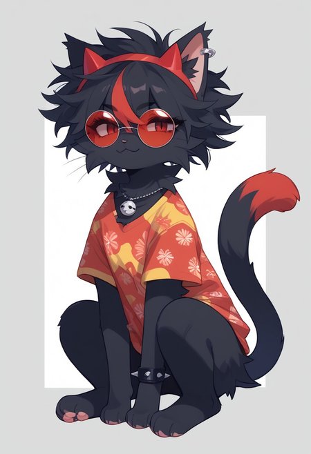 (score_9, score_8_up), score_7_up, score_6_up, best quality, highest quality, (feral), cat, animal, furry, female, goth, solo, full body, official style, (body fur), (black body, black fur, red fur), eyelashes, eyeliner, (black hair, red hair, streaked hair), (messy hair, spiked hair, highlights), cat ears, animal nose, sunglasses, round eyewear, hidden eyes, smirk, red markings, red stripes, necklace, hawaiian shirt, bracelet, paws, cat tail, clothed feral, no humans, mikus-zestylemonss