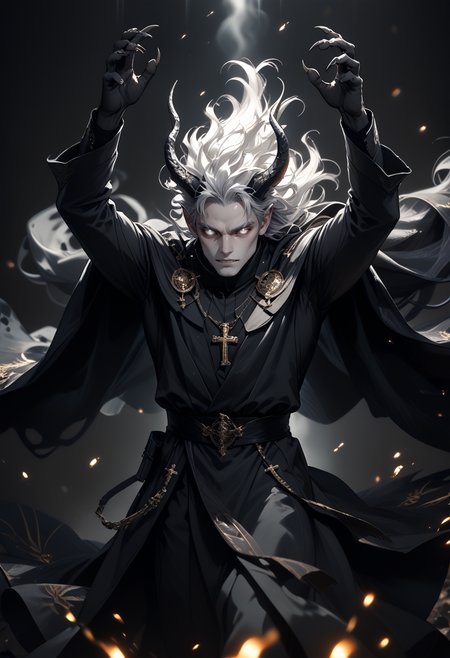 score_9, score_8_up, score_7_up, 1boy, simple background, jewelry, grey background, necklace, no humans, cross, robe, statue, black robe, priest, glowing eyes, horns, white hair, floating hair, white eyes, white skin, black teeth, from above, arms up, sharp claws, black hands, floating cape, 
depth of field, blurry background, black background, dark, embers, chaos, realistic, CINE,
<lora:unholy-000009:0.8> <lora:CINE-000008:0.4>