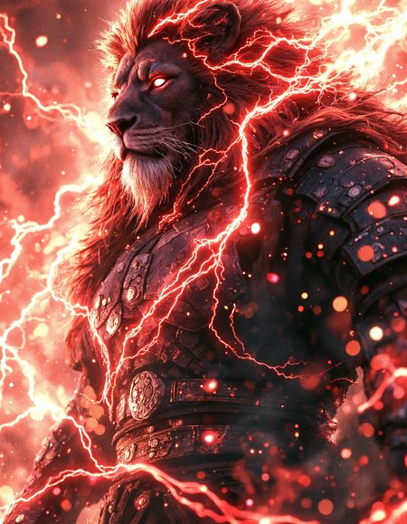 full body shot of a samurai cyborg lion with very long hair, lightning strikes around him, Robotic shiny eyes, ready for fight, surrounded with floral glowing background, blood splash, dynamic lighting, best coherence, aesthetic, <lora:FantasyWizardWitchesFluxV2-000001:0.5>, <lora:aidmaFLuxPro1.1_v0.3:0.5>, <lora:RetroAnimeFluxV1:0.5>, <lora:aidmaMJ6.1_v0.5_3:0.5>