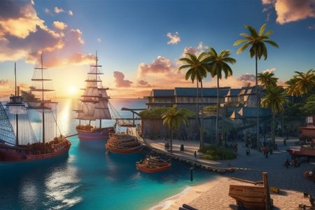 (masterpiece:1.2), (best quality,:1.2), 8k, HDR, ultra detailed, ((photorealistic)), A landscape view of a a city by the sea in the afternoon. Pirate ships docked unloading cargo, outside a tavern over looking a busy harbor in the caribbean, waving palm trees. afternoon sun, blue sky, calm sea, no people, professional light, cinematic lighting, ambient lighting, sunset,
