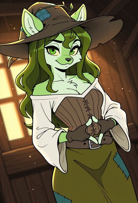 SophieSW, 1girl, solo, furry female, anthro, green hair, long hair, wavy hair, animal ears, patchwork brown witch hat, yellow sclera, green eyes, black snout, green fur, patchwork clothes, white shirt, wide sleeves, large breast, cleavage, brown corset, belt, green patchwork skirt, thick thighs, brown fingerless gloves, bare shoulders, ears through headwear,
,seductive pose, sexy pose, tease, 
masterpiece, best quality, fine details, intricate details, depth of field, subsurface scattering, bokeh,
 ultra-detailed, very aesthetic, detailed background, newest, scenery, highres, absurdres, colorful, vibrant, glowing, perfect face, 2d, perfect eyes,  vibrant saturated colors, volumetric lighting, sharp, detailed eyes, perfect anatomy,  perfect face, perfect eyes, mature body, clear eyes, beautiful eyes, athletic, curvy body, athletic girl, perky tits, perfect tits, round breasts, pinup pose, teasing, lustful expression, perfect hands, 
muscular female, dutch angle, 
,Smooth Negative, Smooth_Quality,