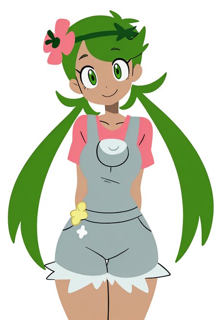 masterpiece, best quality, medium breasts, (curvy),   BREAK, zzMallow, green hair, green eyes, hair flower, hair ornament, grey overalls, pink shirt, sleeveless, grey shorts, <lora:MallowPokemon_NAI:1.0>,smile, looking at viewer, cowboy shot,  leaning forward, head tilt,  <lora:ToonCAT_NAI:0.8>,