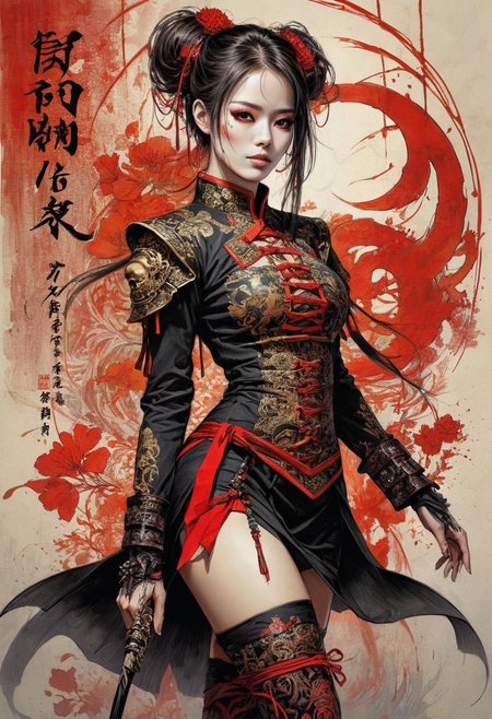 highly detailed linework reminiscent of Carne Griffiths, imbued with Wadim Kashim's bold color and texture, light and airy as Carl Larsson's compositions, sexy skull masked samurai. wearing knee-hight boots, high boots, eye liner, beautiful sexy chinese black short qipao, sexy qipao, red highlights. dark fantasy, featuring Pascal Blanche-style hyper-realistic characters, pastel, elegance, dramatic lighting, expressive camera angle, matte, concept art