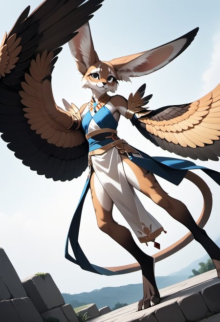 1person, Palagiri, anthro, feline features, feline nose, large ears, ((winged arms)), arms lowered, digitigrade legs, 
Dutch angle, 
Source: anime, score: 9, score: 8up,