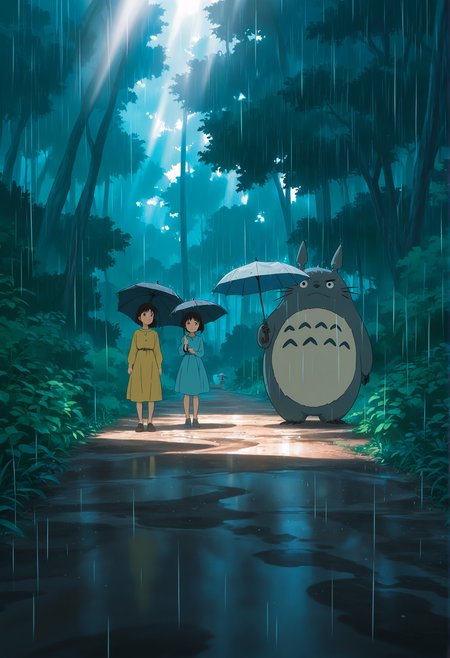 very awa, (anime screenshot:0.8),  (studio ghibli:0.6), totoro, holding umbrella, rain, sunbeam, forest, dirt road, 2girls, sisters, masterpiece, [best quality:0.15], newest, absurdres,