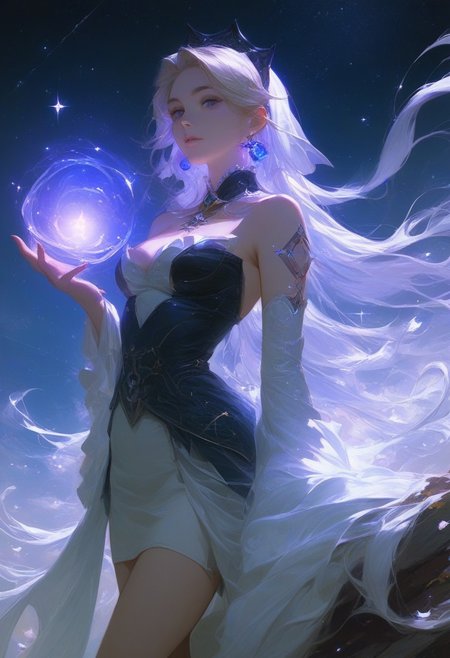 score_9, score_8_up, score_7_up, score_6_up, realistic, 
(1girl, solo, celestial mage maid), purple eyes, slim body type, medium breasts, glowing skin with star tattoos, dreamy look, absurdly long hair, flowing waves, cosmic blue with galaxy highlights, mage-inspired maid outfit with constellations, floating crystal earrings, outdoors, standing on cliff edge, starry night background, soft moonlight, holding a glowing orb, magical aura around, constellations forming above.
,Expressiveh