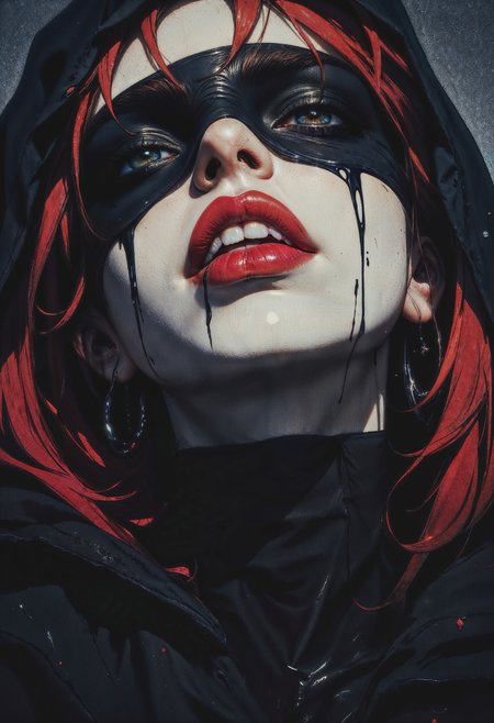 a highly detailed digital artwork portraying a mysterious, gothic-themed female figure. The image focuses on the woman's face and upper torso, with her head slightly tilted to the right. She has pale, almost ghostly skin, and her lips are painted a vivid, glossy red. Her full lips are slightly parted, revealing a hint of teeth. A black cloth covers her eyes, and a red, almost black, streak of hair falls across her forehead and partially over her eyes.
Dramatic lighting highlights the contours of her face, casting shadows that enhance the eerie and intense atmosphere. The background is dark and nondescript, allowing the subject to stand out starkly. There are droplets of a dark, viscous liquid—possibly blood—trickling down her lips and chin, adding to the macabre and haunting theme.
The texture of the image is smooth with a slight glossy finish, particularly on the woman's lips and the liquid. The style is hyper-realistic with a touch of surrealism, making the scene both unsettling and mesmerizing. The overall color palette is dark, with shades of black, red, and deep gray dominating the composition, creating a stark and ominous visual impact.