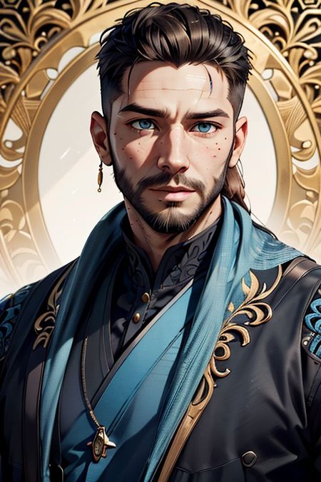 Master piece, highest quality, highest possible OverallDetail, semirealistic,  blue eyes,
Create an elder of a cultivator sect. 
The character looks like he is in his late twenties or early thirties. 
He is bald and has a long blond-golden beard. 
His eyes are blue. Detailed face.