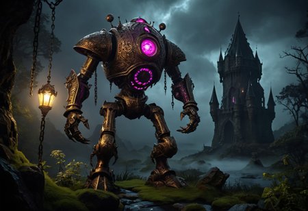 giant bipedal robot brass and dark pink, bronze paisley robot. lacy robot metal. crawdad helmet head. outside of a steampunk keep. large detailed torso. dark image. one forty foot tall ancient robot with great arms and two heavy spring legs. dark foggy night background. $dark foggy night image only. dark photo realistic image. steampunk details. cogs, chains and pipes incorporated in the fantasy buildings. magic wizards tower in background. Dark swamp, moss, castle ruins, wizards tower. stormy dark night.  stormy sky.