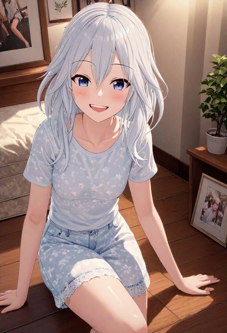 high quality, high detail, 1girl, beautiful girl, joy, happy, laugh, realistic lighting, very detailed drawing, full body,white hair