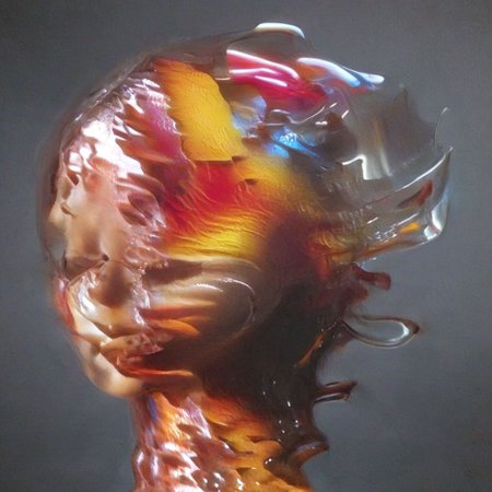 A close-up left facing profile portrait, a beautiful brunette woman made of glass, colorful light from hoph fibration bundles dramatically distorting her features