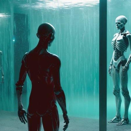 in front of an creepy aqua frosted mirrorpanel  seeing through it there are creepy  humanoid artificial intelligence and a bright light behind it