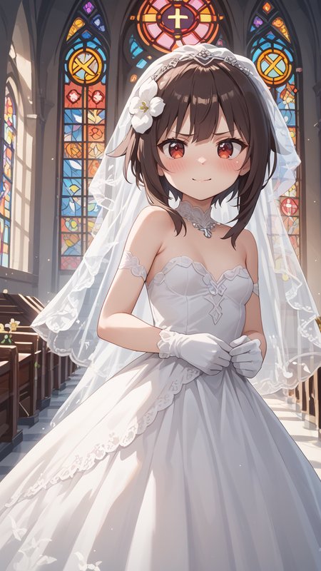 stained glass,  church,altar,  ,  <lora:Megumin_V2_Pony:0.8> Meguminn,:short_hair,1girl, sidelocks, brown_hair, red_eyes, small_breasts , blush, smirk<lora:Bridal_Dress_Pony:0.8> wedding dress embarrassed,, bridal veil, , flower, , gloves,, score_9, score_8_up,score_7_up,score_6_up,