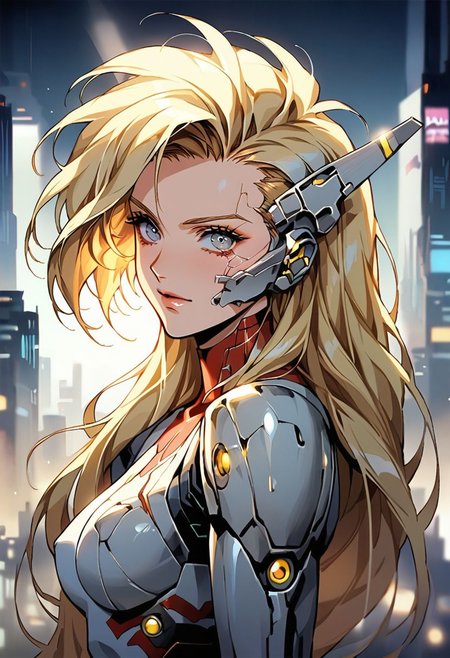 score_9, score_8_up, score_7_up, score_6_up, source_anime, 1girl, long hair, blonde hair, steel prosthetic, polished metal, cyborg, detailed eyes,   mechanical parts, cyberpunk, cityscape background, skyline, shiny clothes, athletic, solo, depth of field, zPDXL2, 1980s \(style\),