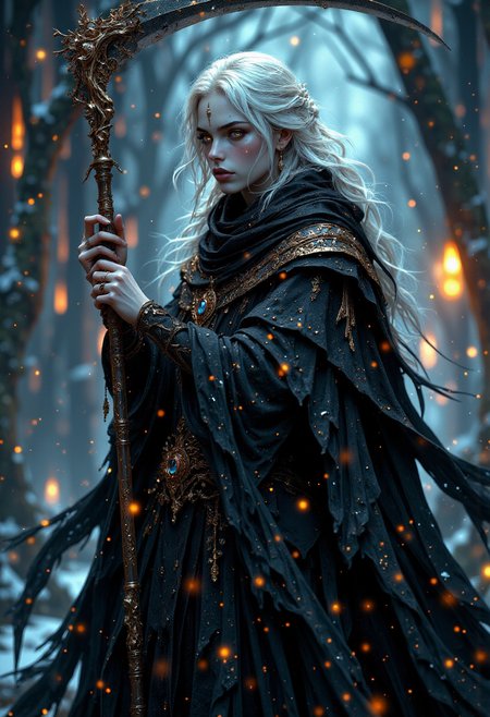 A Renaissance-style, full-body character design of A woman with ethereal beauty, beautiful but terrifying, with totally white eyes, ashy white hair, pale skin, wearing a black robe surrounded by a black aura and carrying the sickle of death, her presence gives a shiver. (maximum ultra high definition image quality and rendering:3), maximum image detail, maximum realistic render, (((ultra realist style))), realist side lighting, , 8K high definition, realist soft lighting, (amazing special effect:3.5)
 <lora:FluxMythP0rtr4itStyle:0.6> <lora:Midjourney_Dreamlike_Fantasy_FLUX_LoRA:0.6> <lora:Elden_Ring_-_Yoshitaka_Amano:0.33>