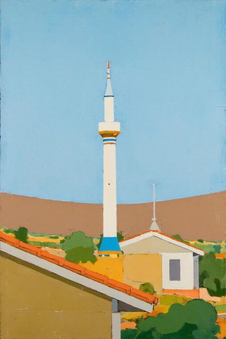 euanuglow1 painting.
A building with a tall minaret surrounded by a small building with a flat roof. The foreground includes a structure with a sloped roof painted in earthy tones.
 <lora:euanuglow1_cap_d6aee11:1.0><lora:845529415615094945:0>