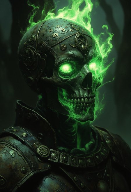 Frank Frazetta fantasy oil painting, R3tun4L style, skelenecro, cinematic lighting, insane details, close-up, 64-megapixel DSLR. scene in a sketch-like style with thick, bold lines. The focus is a close-up of a charming skeleton necromancer’s skull, engraved with glowing eldritch symbols that blend medieval magic and futuristic sci-fi. His hollow eye sockets blaze with green and black eldritch flames.  wears ancient rusted heavy medieval armor. The glowing runes on his bones pulse with energy, radiating a dark power. Atmospheric haze surrounds the scene, heightening the contrast between the deep blacks of the background and the vibrant flames of his eyes. eerie misty dark forest cemetery background