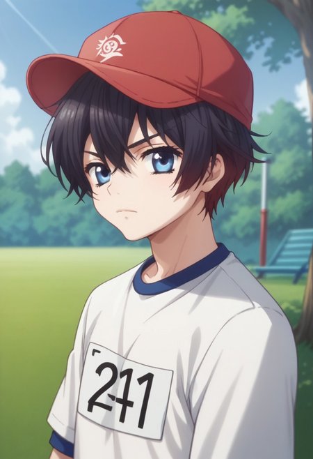 score_9, score_8_up, score_7_up, source_anime, highly detailed, 
kazuo, solo, blue eyes, hat, red hat, black hair, gym uniform, short hair, 1boy, male focus, looking at viewer, upper body, closed mouth
outdoor, blue sky, tree