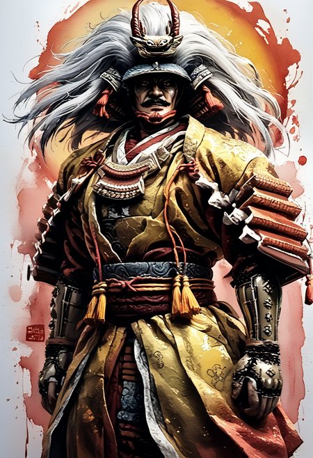 score_9,score_8_up,score_7_up,
Male illustration,50 years old,mature man,ambitious,beast-like sharp gaze,chubby but muscular,Japanese samurai,16th century,dramatic lighting,high contrast,decorative,atmospheric,haunting beauty,texture,(dynamic angle),round face,black,gray,red,yellow,
Front view,splash art,highly detailed illustration,trending on Artstation,paint splashes,perfect composition,watercolor,sharp focus,intricate details,highly detailed,
White background,mustache(1.3),windy,dynamic pose,dynamic angle,
Watercolor,<lora:BDpony_TakedaShingen_V1:0.9>,Takeda Shingen,
<lora:Midjourney_5:0.6>,<lora:WaterColorV3:0.8>,