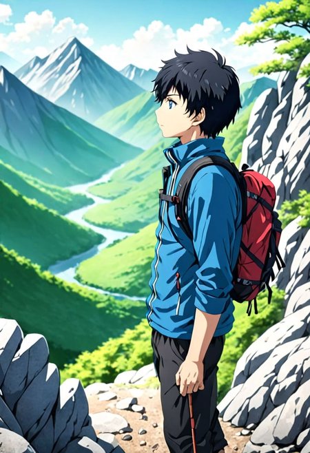 high resolution, solo, best quality, 1Boy, Arata Kaizaki, Black Hair, Blue Eyes, landscape, looking away, high mountain, hiking gear, shallow depth of field, OverallDetail