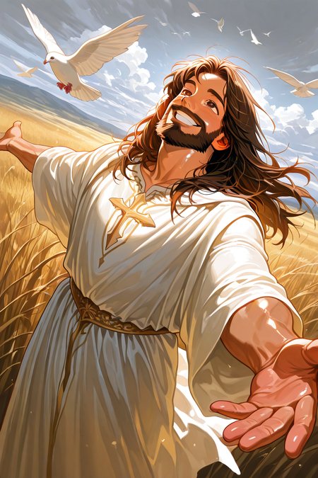 cover page, cover, foreshortening, expressive cute face, male focus, jesus christ, brown_jesus christ_full beard, brown_jesus christ_long hair, brown eyes, 1boy, looking up, headback, wide smile, grin, teeth, shiny skin, standing, spread arms, white robes, cowboy shot, day outdoors hilltop, tall grass, cloudy sky, windy, floating clothes, floating hair, white birds, dove, scenery, shadow, dutch angle, dynamic angle, dynamic action, atmospheric perspective, cinematic, intricately detailed illustration, depth of field, masterpiece, best quality, amazing quality, very aesthetic, absurdres, newest, very awa