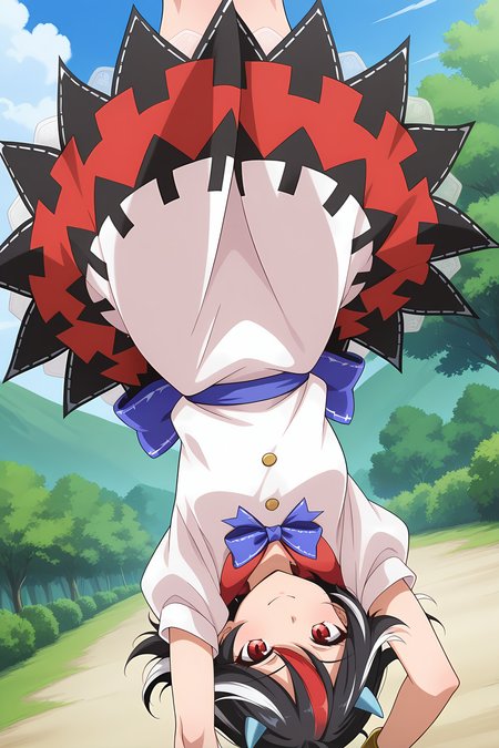 absurdres, highres, masterpiece, best quality, amazing quality, official anime artwork, screencap, anime screencap, outdoors, light smile, looking at viewer, dynamic pose, upside down, upside down world, 
 <lora:Seija-Kijin_Illustrious:1> kijin seija, 1girl, solo, red eyes, black hair, multicolored hair, streaked hair, horns,, white dress, short sleeves, blue bow, bracelet, arrow print,