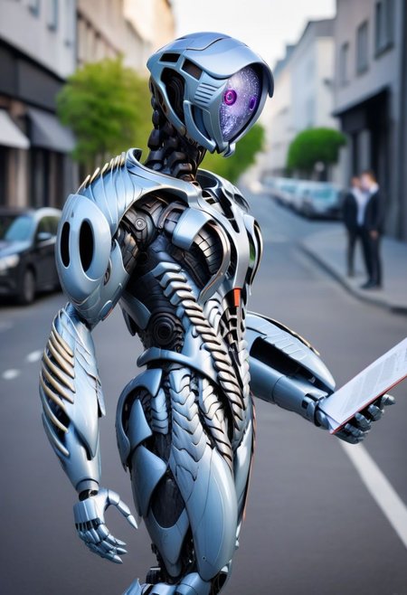 ((Image of a robot with a hat and elegant clothes asking the viewer for directions about who cares about his opinion:1.3)),holding a map,busy streets,blank faced robot,full body,side view,view from back,close up,solo focus