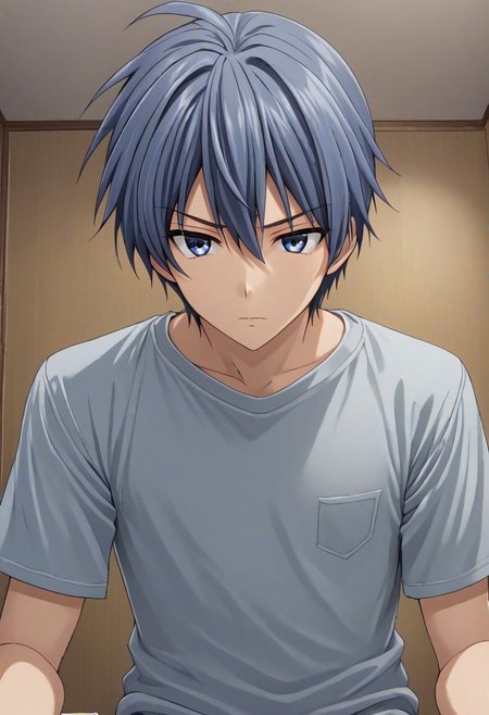 high resolution, solo, best quality, 1Boy, Tomoya Okazaki, Grey Blue Hair, kabedon POV, T-Shirt, OverallDetail