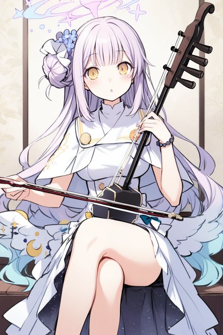 1girl,tsunako, totoki86,
mika \(blue archive\), sitting,crossed legs,playing instrument, erhu   <lora:erhuSY2:1>