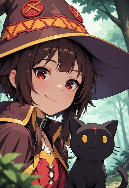 megumin, smiling, witch hat, holding black cat, chomusuke \(Konosuba\), enchanted forest, no hand in frame,
masterpiece, best quality, good quality, very aesthetic, absurdres, newest, 8K, depth of field, focused subject,
close up, stylized, wabi sabi, 1girl,  looking at viewer, dynamic angle, from below, from side, relaxing
in the style of cksc, in the style of cknc, artist:moriimee, in the style of ck-rw