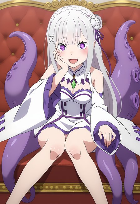 score_9, score_8_up, score_7_up, source_anime,
BREAK
<lora:shiTentV1:1>,
shihalfacle, scylla, monster girl, tentacles, suction cups, tentacle hair, 
octopus, 
full body, 
1girl, solo, anime screencap, anime coloring, 
<lora:shiEmiliaV2:0.9> shimilia, long hair, grey hair, purple eyes, pointy ears, crown braid, hair flower, hair ribbon, purple ribbon, x hair ornament, white dress, cleavage, bare shoulders, wide sleeves, 
crazy eyes, crazy smile, looking at viewer, blush, hand on own face, tongue out, open mouth,