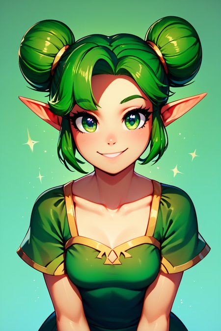 score_9, score_8_up, score_8, medium breasts, (curvy), cute, eyelashes,       BREAK, , zzFarore, green eyes, green hair, double bun, pointy ears,  bangs, green dress, collarbone, short sleeves  <lora:Farore_Zelda_PDXL:0.6>, , BREAK, looking at viewer,  smile, upper body, leaning forward, head tilt,  embedding:zPDXL, Expressiveh, <lora:theButcherXPDXL:1.0>, <lora:CatalystStylePDXL:0.6>,  <lora:SDXLFaeTastic2400:0.5>,  <lora:Expressive_H-000001:0.4>,