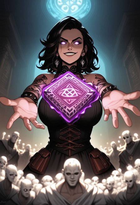 mysterious female gambler, punk mystic vibe, glowing eyes, smirking confidently, throwing glowing dice toward the viewer, enchanted playing cards, extreme foreshortening, dynamic action pose, angle from below, worm's-eye view, cinematic fantasy scene, dice in foreground appearing massive, sleek dark clothing with arcane glowing patterns, waist-up view, hand reaching toward the camera, glowing tattoos, energetic motion, dark magical saloon or ancient temple setting, mystical lighting, high detail, dramatic depth of field, visual intensity, bold composition, dark fantasy style, ultra sharp focus on eyes and dice,