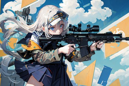 masterpiece,best quality, lens flare, depth of field, (close-up:1.3), (wide shot, fisheye:0.85), facefocus,

1girl ,standing, blue long hair, school uniform,pleated skirt, (holding weapon, holding rifle,aiming,aim:1.2),

gun, h&k hk416, carbine, open fire, firing,

sunny,blue sky,cloudy sky,city,street,road sign, skyscraper,

 <lora:HK416-v2-000014:0.7>