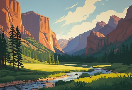 Silkscreen, ((WPA style)), (national parks style), vivid natural colors, limited color palette, painting,