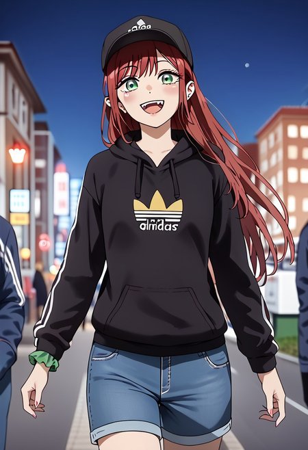 score_9, score_8_up, score_7_up, perfect eyes, partially illuminated, animification, animestyle, Anime_source, (4k), depth of field, (Masterpiece), extremely detailed, tall, long legs, medium breast, bokeh, high resolution, sharp detail, dark red hairs, redhair, dark red hair, <lora:Sono Bisque Doll wa Koi wo Suru - Marin Kitagawa Updated:0.7>, 1girl, fangs, green eyes, hair ornament, hair scrunchie, light blush, long hair, open mouth, smiling, pointy ears, scrunchie, happy, good hands, jeans shorts, leggings, opened black hoodie, baseball hat, top, every day clothing, Adidas Adilette sandals, beautiful feet, perfect feet, perfect toes, beautiful toes, night city background, ((masterpiece)), dynamic pose, (standing), night city, Tokyo city night, city night, BREAK, cowboy shot, dutch angle, looking at viewer, full body, feet,
<lora:add-detail-xl:-1><lora:minami-nanami-s1-ponyxl-lora-nochekaiser:0.8>