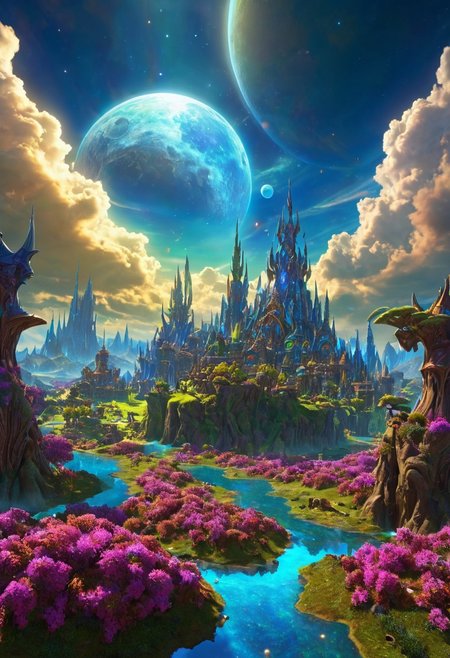 (masterpiece:1.5), unreal 8k wallpaper, unity 8k wallpaper, score 9, score 8 up, score 7 up, masterpiece_portrait, extreme quality, reflection, surface reflection, dynamic lighting, Cinematic style, cinematic quality, ((no humans, no people)), photorealistic, realistic, a spectrum of iridescent colors, precise, fractal design, flowing curves, precision, colorful, fractal geometry, harmonic interference, digital illustration, photo manipulation, altered realities, fantastical scenes, digital artistry, striking visuals, sharp focus, detailed background, light reflection, mythic, fantasy, A huge open valley in Warcraft, in the center of the valley is (massive Warcraft City), the (massive Warcraft City) has been here for a very long time, strange alien foliage has started to grow over it, when  this (massive Warcraft City) was built no one knows it has long been forgotten, beautiful blue skies majestic clouds, strange alien trees dot the landscape, in the sky you can see a massive moons is all inspiring and a little frightening, the valley is also covered in beautiful multicolored flowers and multicolored trees, no life can be seen anywhere, 3D, metallic reflection, massive Warcraft City, the vast World of Warcraft,