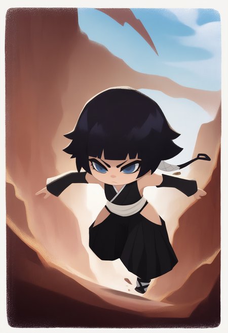 onmyojistyle, chibi, masterpiece, best quality, <break> white border, solo, 1girl, sui-feng, bleach, serious, running, black hair, blue eyes, japanese clothes, detached sleeves, hip vent, bare shoulders, outdoors, blue sky, cloud, canyon, tumbleweed
 <segment:yolo-Anzhc Face seg 640 v2 y8n.pt,0.4,0.5//cid=1>