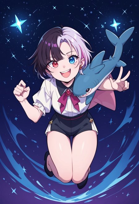 score_9, score_8_up, score_7_up,
masterpiece, best quality, detailed, amazing quality,
detailed background, stars,
detailed eyes, clean eyes, 
solo, 1woman,
dynamic pose, jumping, happy, from above,
easynegative,
r1np3nr0s3, two-toned hair, heterochromia, red right eye, blue left eye,
blahaj, shark, plush toy, plush animal,
holding blahaj